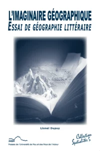 Couverture illustrée par un montage numérique représentant un livre qui accueille en lui une chaîne de montagne ainsi qu'une carte