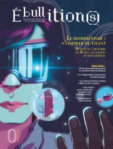 Couverture dessinée par Lucy Mazel. On voit un visage féminin avec des lunettes futuristes et qui semble faire léviter au dessus de sa main gauche des bulles avec des dessins à l'intérieur.