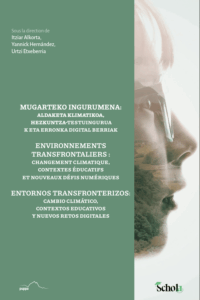 Couverture avec sur la moitié gauche un fond vert avec le titre de l'ouvrage en français, espagnol et basque. Sur la moitié droite, le visage d'une petite fille de profil dans lequel apparait en transparence une paysage de forêt.