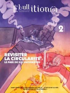 Couverture de la revue par Cy. On y voit des mains les unes en dessous des autres. En partant du haut les mains jointent en creux abritent une ville polluée. Plus on descends moins les villes abritées dans les mains sont polluées.