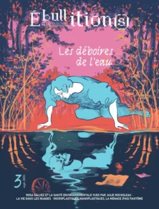 Dessin de couverture de Julie Rocheleau. On y voit un homme se regarder dans une rivière, son reflet est un squelette. Dans l'eau, i ly a des détritus. Les arbres qui se reflètent dans l'eau forment des mains squelettiques.