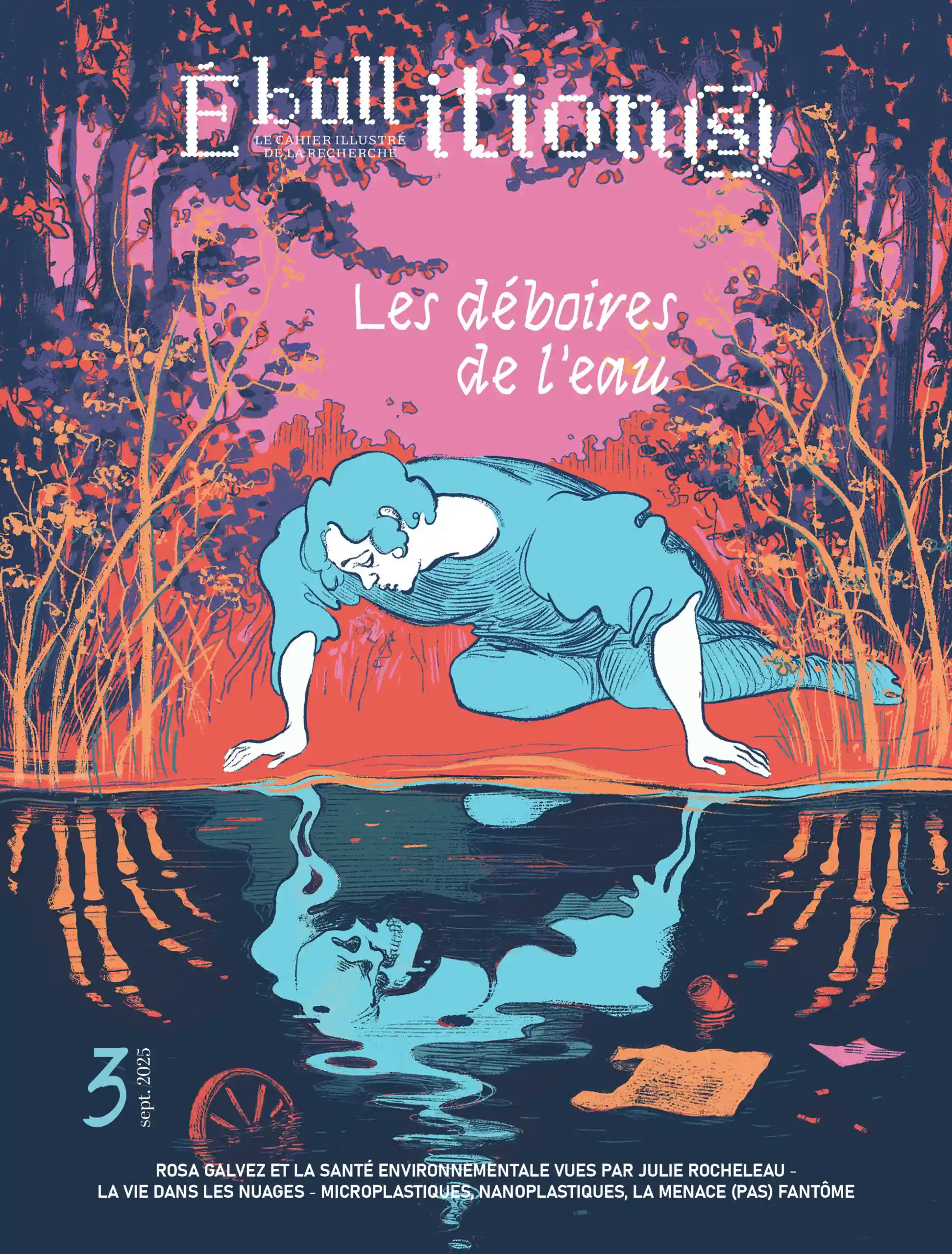 Dessin de couverture de Julie Rocheleau. On y voit un homme se regarder dans une rivière, son reflet est un squelette. Dans l'eau, i ly a des détritus. Les arbres qui se reflètent dans l'eau forment des mains squelettiques.