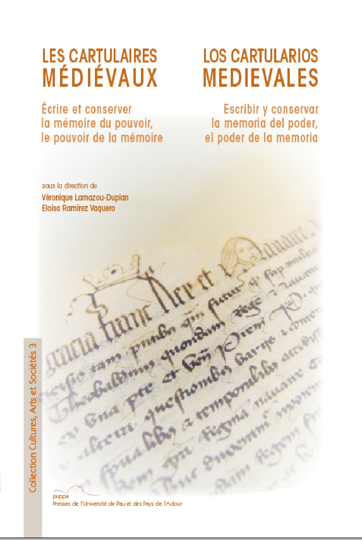 La photographie de couverture est un coin de cartulaires médiévaux : des lettres manuscrites rédigées à la plume sont présentes ainsi que quelques fioritures (un visage, une couronne).