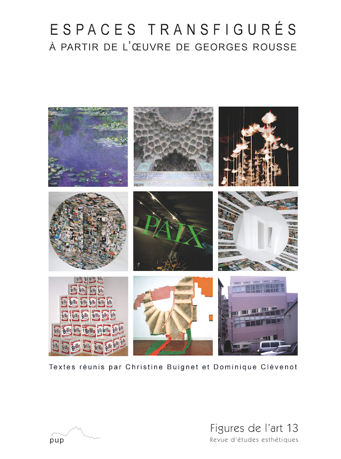 La couverture est une composition de multiples photographies d'oeuvres représentant majoritairement soit des espaces encombrés (de livres par exemple) soit des espaces délimités par ce qui les constituent (nénuphar, immeuble).