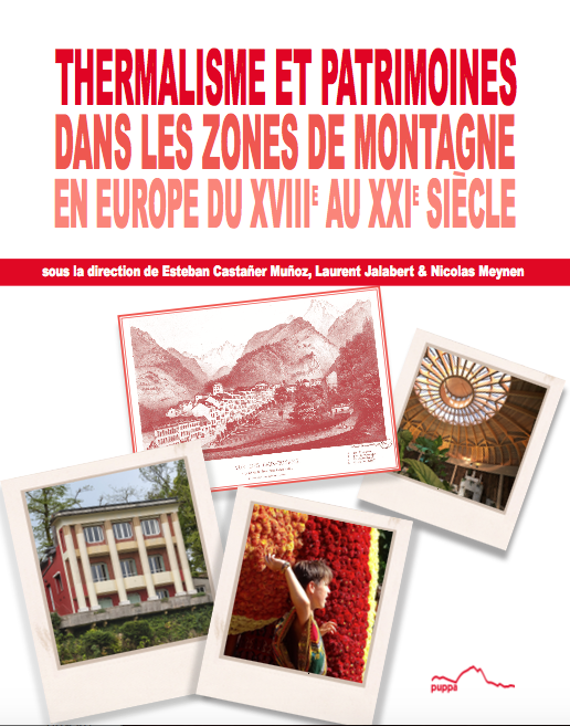 Couverture blanche avec le titre en rouge en haut. Il y a 4 photos représentant des stations thermales dans des cadres rappelant les polaroids.