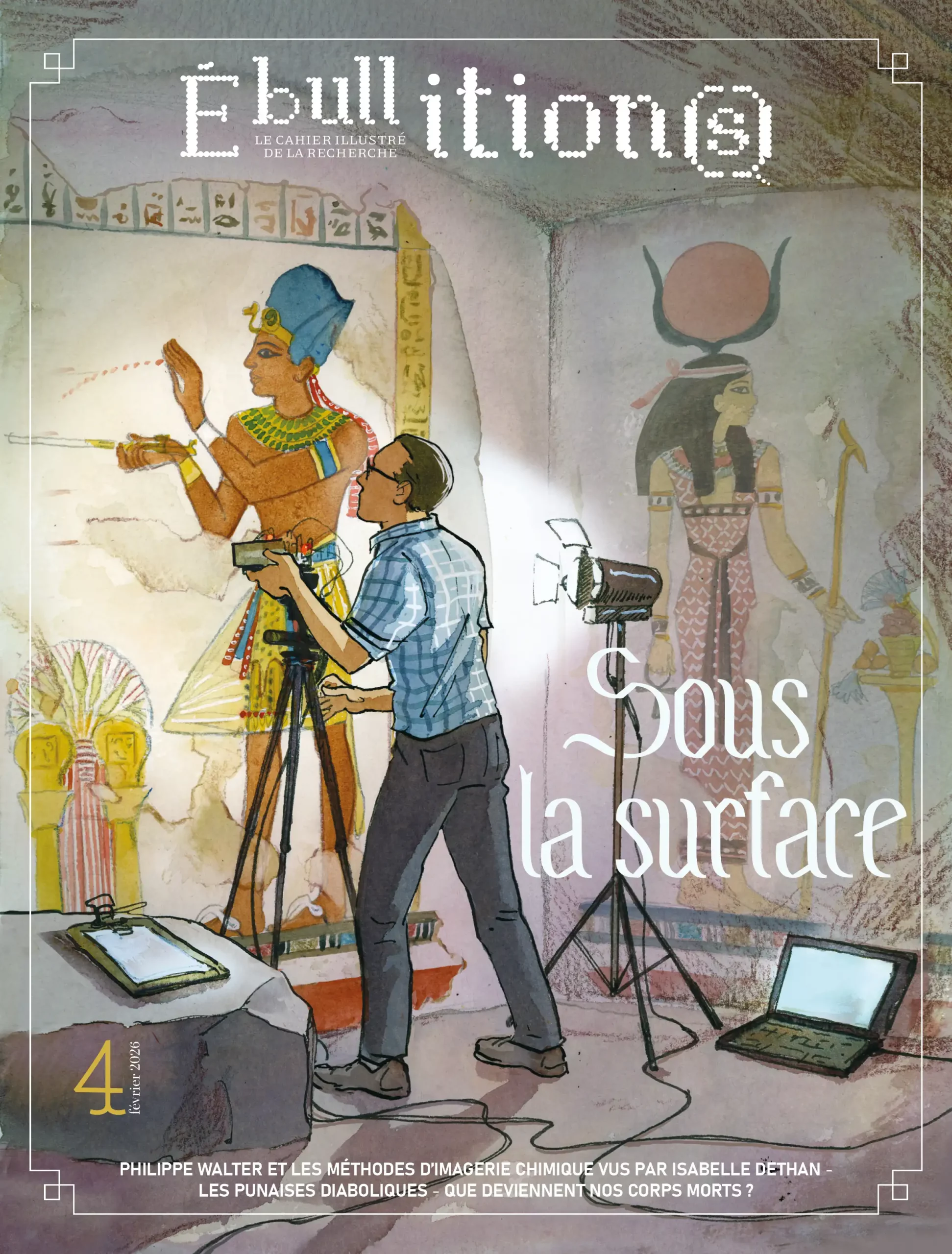 Couverture de la revue avec une illustration représentant un chercheur dans un tombeau égyptien